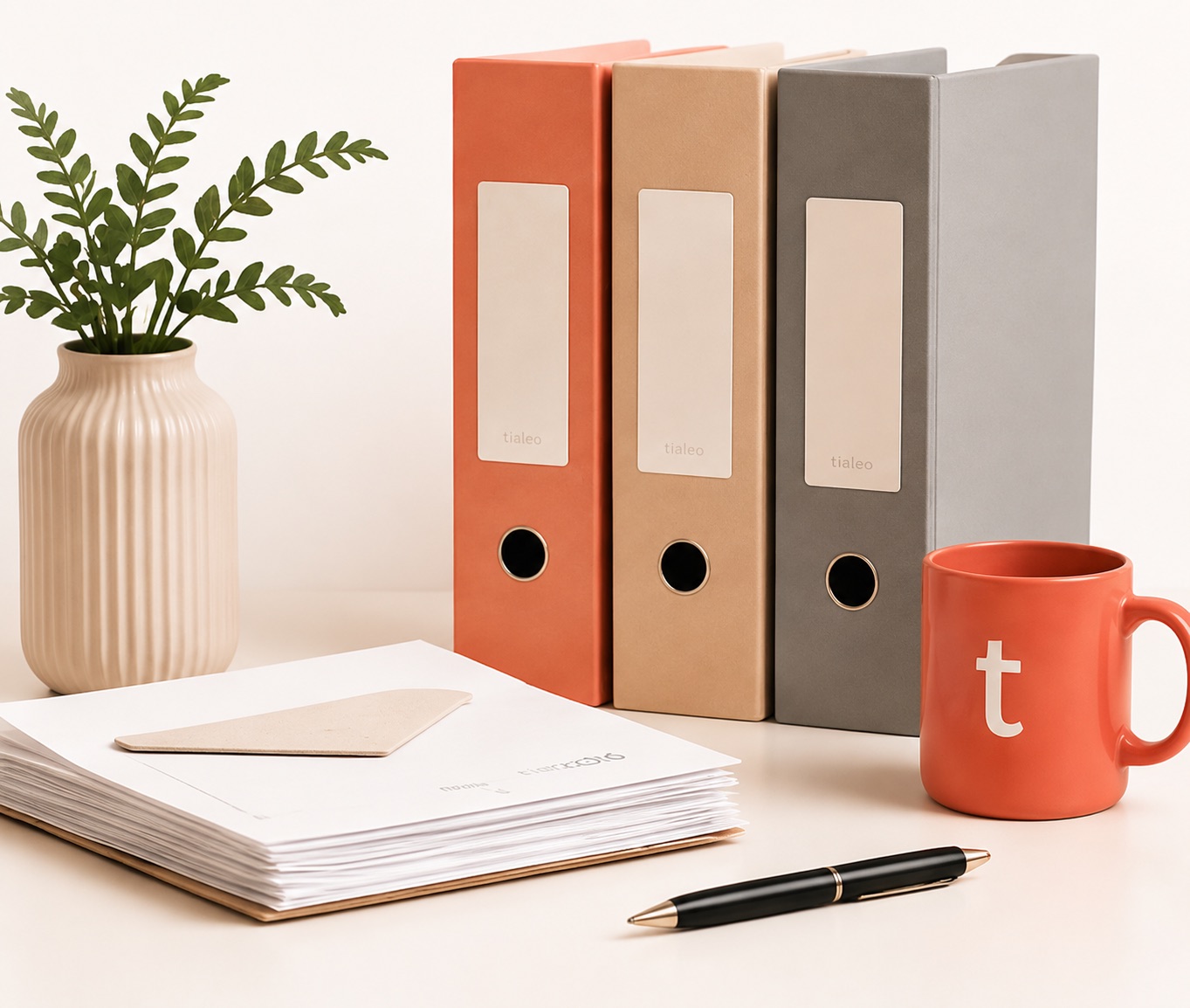 Classeurs, documents et tasse Tialeo pour la gestion administrative